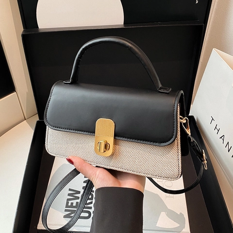 Bolso de Mano de Mujer de Cuero PU Trenzado Empalme Minimalista Bloque de Color Bolso de Hombro Cuadrado Pequeño Con Cerradura