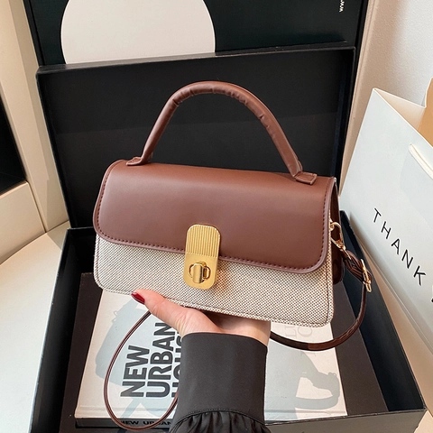 Bolso de Mano de Mujer de Cuero PU Trenzado Empalme Minimalista Bloque de Color Bolso de Hombro Cuadrado Pequeño Con Cerradura