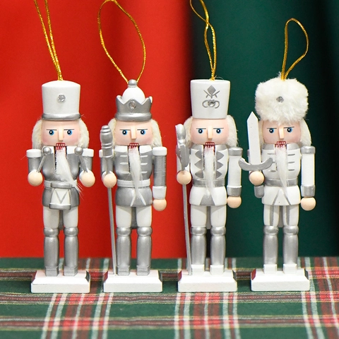 Notenkraker Soldaat Ornamenten Houten Zilver Wit Glitter Kerstboom Hangende Decoraties Huis Vakantie Europese Stijl