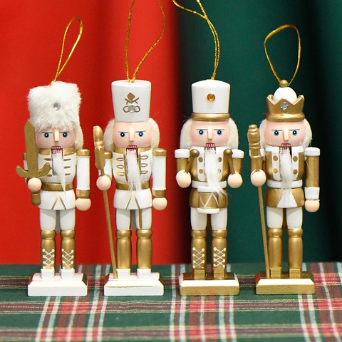 Weihnachts Nussknacker Soldat Holz Hängende Ornamente Weiß Gold Festliche Desktop Figuren Feiertag Haus Dekoration