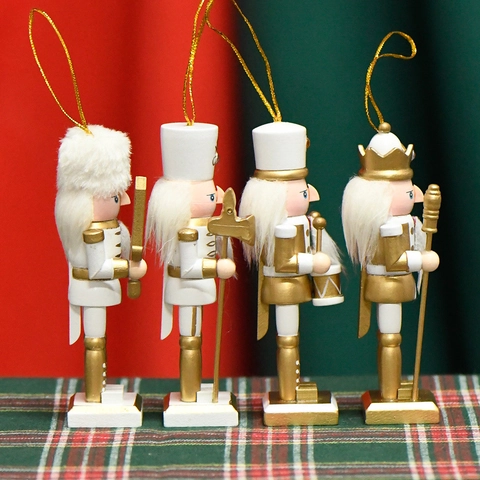 Weihnachts Nussknacker Soldat Holz Hängende Ornamente Weiß Gold Festliche Desktop Figuren Feiertag Haus Dekoration
