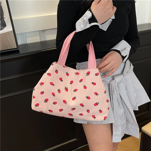 Erdbeer Druck Cord Tote Bag Für Damen Sommer Süß Große Kapazität Schultertasche Casual Handtasche Unterarmtasche