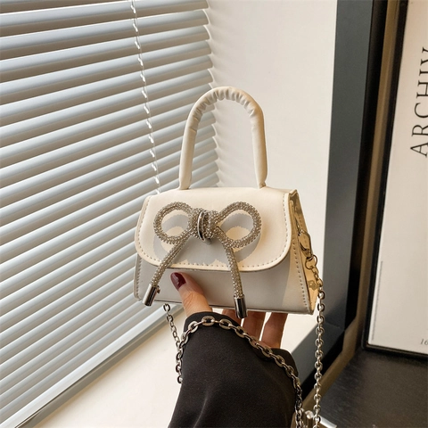 Women Mini Square Crossbody Bag PU Leather Rhinestone Bow Decorative Handbag With Chain Strap Fashion Elegant Party