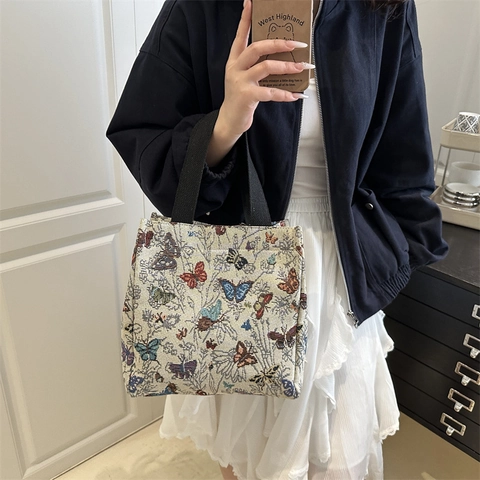 Vintage Jacquard Blumen Einkaufstasche Für Damen Retro Schmetterlingsmuster Leinwand Schultertasche Lässig Pendeln Handtasche