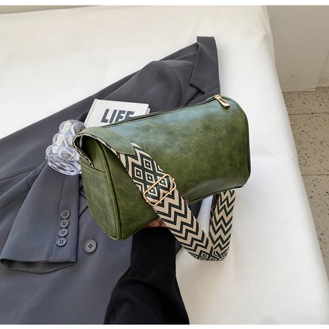 Women Vintage PU Leather Barrel Bag With Geometric Pattern Wide Shoulder Strap Casual Crossbody Pillow Bag For Daily Use
