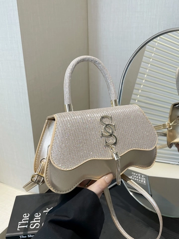 Elegante Bolso de Mano de Purpurina y Strass para Mujer Con Diseño de Fondo de Onda Logo Metálico SS Detalle de Borla Bolso Bandolera de PU