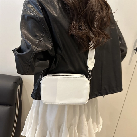 Women Crossbody Camera Bag Minimalist PU Leather Small Square Purse With Double Zipper And Wide Adjustable Strap Casual