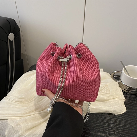 Woven Bucket Crossbody Bag Drawstring Closure Silver Metal Chain Faux Artificial Pearl Pendant Shoulder Handbag Women