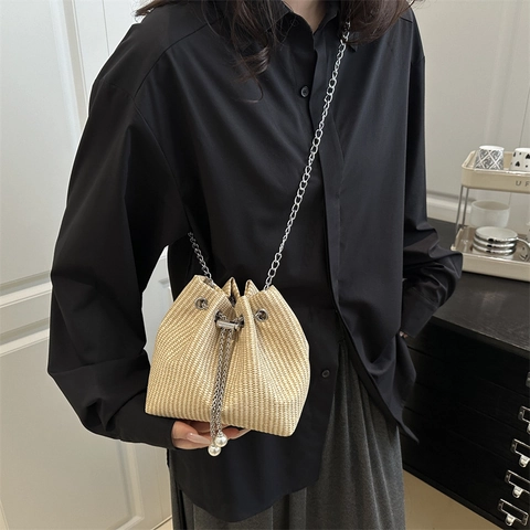 Woven Bucket Crossbody Bag Drawstring Closure Silver Metal Chain Faux Artificial Pearl Pendant Shoulder Handbag Women