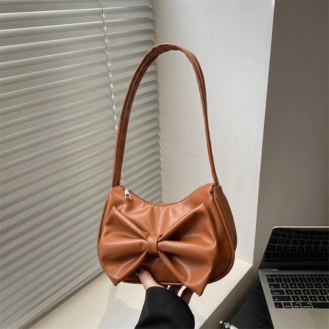 Chic PU Leather Underarm Bag For Women With Large Bow Decoration Sweet French Style Solid Color Shoulder Handbag