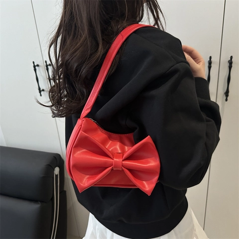 Chic PU Leather Underarm Bag For Women With Large Bow Decoration Sweet French Style Solid Color Shoulder Handbag