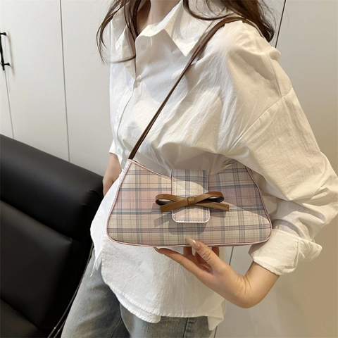 Karierte Unterarm-Schultertasche Mit Lederschleife Retro-Süße Baguette-Tasche Für Damen Pendlerstil
