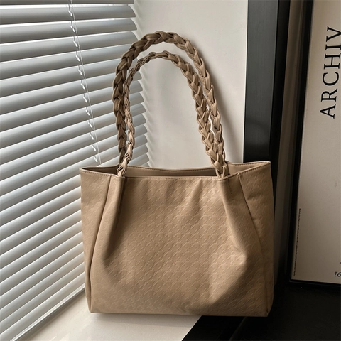 Bolso Tote de Cuero PU con Relieve de Pata de Gallo Asa Trenzada Bolso de Hombro Gran Capacidad Minimalista Moda Mujer