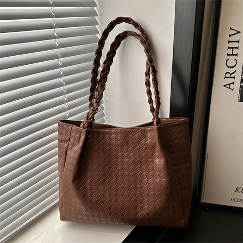 Women Large Capacity Tote Bag Faux Leather Houndstooth Embossed Woven Handle Shoulder Bag Commuting Minimalist Style