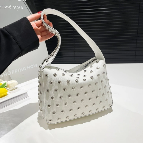 Borsa Sotto l'Ascella con Borchie da Donna in Pelle PU Lychee Borsa a Mano con Borchie Argento per Festa Moda Punk Donna