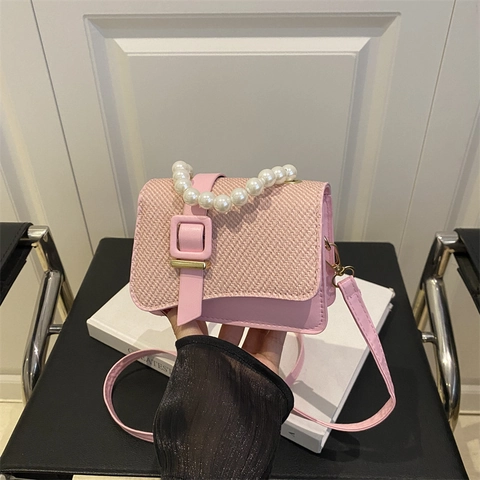 Women Woven Crossbody Bag With Artificial Pearl Handle PU Leather Small Square Handbag Retro Elegant Trendy Shoulder Bag