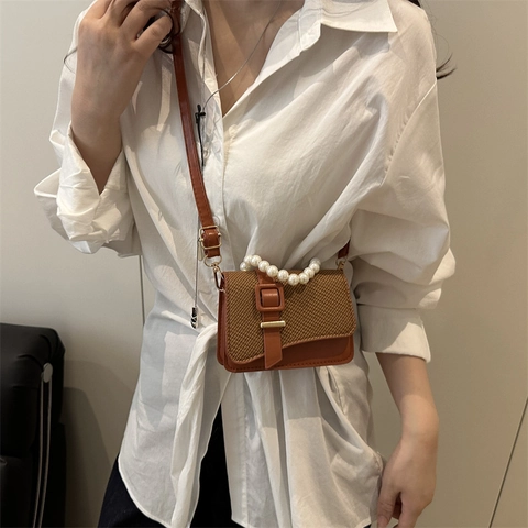 Women Woven Crossbody Bag With Artificial Pearl Handle PU Leather Small Square Handbag Retro Elegant Trendy Shoulder Bag