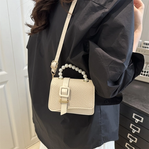 Women Mini Crossbody Bag Woven Texture PU Leather With Artificial Pearl Handle Elegant Handbag Small Square Flap Purse