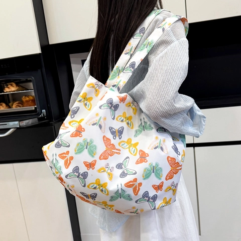 Dames Grote Capaciteit Canvas Tote Bag Bloemen Vlinder Print Schoudertas Met Magneetsluiting Zomer Strand Boodschappentas