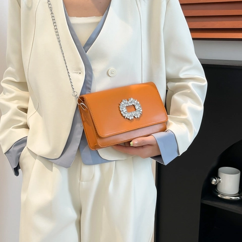 Women Crossbody Bag PU Leather Large Rhinestone Buckle Silver Chain Strap Fashion Small Square Shoulder Bag Evening Handbag
