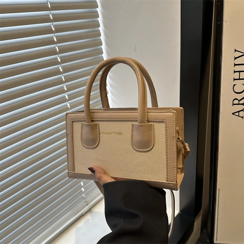 Bolso de Mano de Cuero con Costuras de Lona de Color en Contraste Vintage Mini Bolso Bandolera Cuadrado Para Mujer Moda Viaje Diario Tote