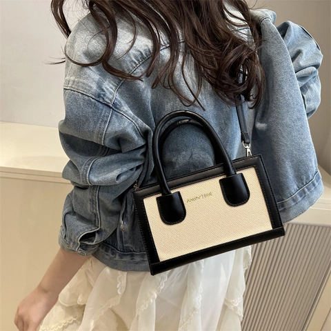 Bolso de Mano de Cuero con Costuras de Lona de Color en Contraste Vintage Mini Bolso Bandolera Cuadrado Para Mujer Moda Viaje Diario Tote