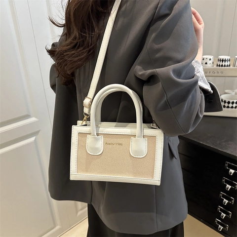 Bolso Bandolera Mujer Lona Cuero PU Costura Color Contraste Estructurado Mini Cuadrado Retro Simple Urbano Moderno Tote