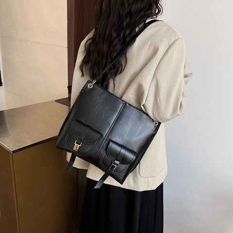 Borsa Tote da Donna in Pelle PU Vintage Grande Capacità Borsa a Spalla Con Doppie Tasche Frontali Borsa per Pendolarismo