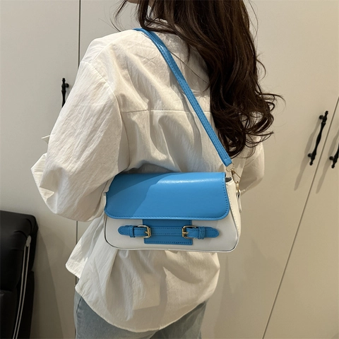 Bolso Cuadrado Pequeño de Cuero PU Vintage para Mujer Color de Contraste Con Correa de Cadena Bolso de Hombro con Solapa para Viaje Diario