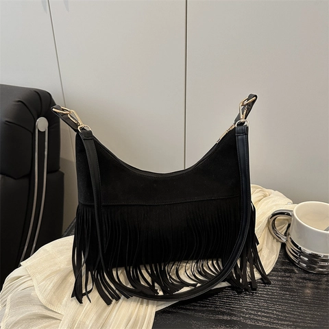 Bolso Bandolera de Ante Sintético Para Mujer Con Borlas Largas Bolso Hobo Retro Gran Capacidad Color Sólido a la Moda