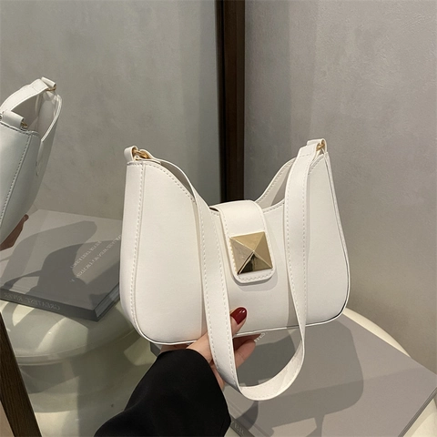 Women PU Leather Underarm Bag Crescent Shoulder Crossbody Handbag With Gold Square Metal Stud Retro Casual Solid Color