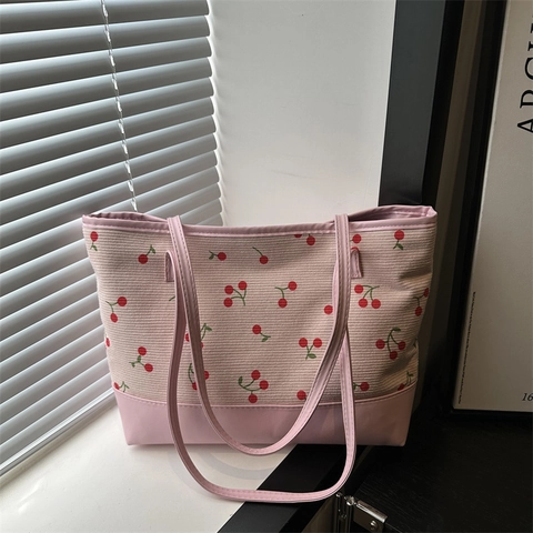 Sac Fourre-tout pour Femme en Velours Côtelé avec Imprimé Cerise Grande Capacité Sac à Épaule Travail avec Épissage en Similicuir