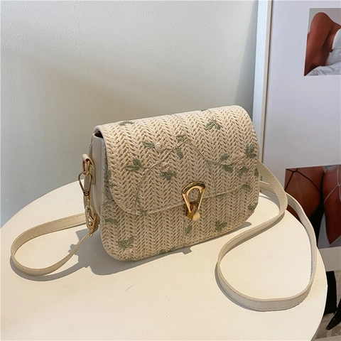 Sac À Épaule Femme En Paille Tissé Broderie Florale Fermoir En Métal Doré Style Pastoral Vintage Bandoulière Pour Été