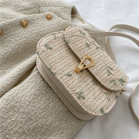 Sac À Épaule Femme En Paille Tissé Broderie Florale Fermoir En Métal Doré Style Pastoral Vintage Bandoulière Pour Été