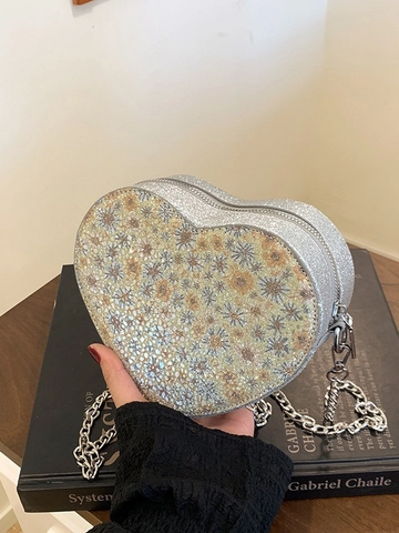 Heart Shaped Crossbody Bag Sequined PU Leather Floral Pattern Chain Strap Small Fashion Shoulder Pouch For Women
