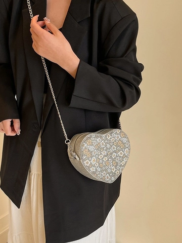 Heart Shaped Crossbody Bag Sequined PU Leather Floral Pattern Chain Strap Small Fashion Shoulder Pouch For Women