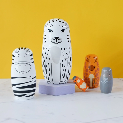 Tier Thema Holz Matroschka Puppen Schneeleopard Zebra Giraffe Muster Handbemalt Verschachtelte Puppen Wohnkultur Geschenk