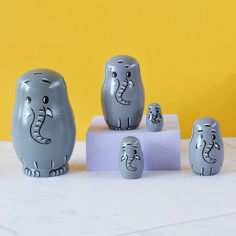 Bambole Russe Elefante In Legno Grigio Matrioska Figurine Animali Dipinte A Mano Ornamento Da Tavolo Regalo