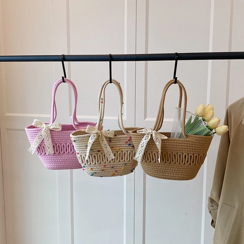 Borsa a Spalla in Tessuto Intrecciato a Mano Dolce Fiocco in Pizzo Pompom Estate Spiaggia Vacanza Tote per Donna Moda Casual Secchiello