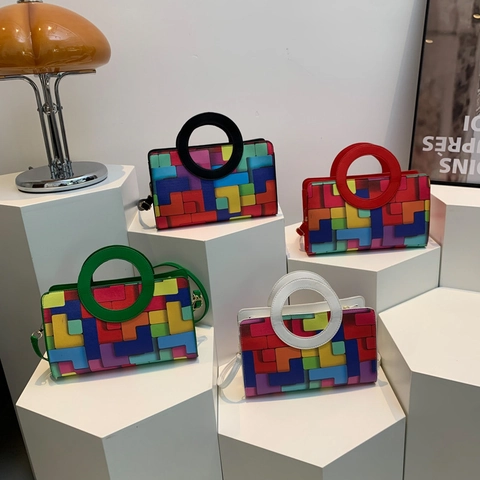 Bolso de Hombro de Cuero PU para Mujer Patrón de Bloques Geométricos Color de Contraste Asa Circular Bolso de Mano de Moda