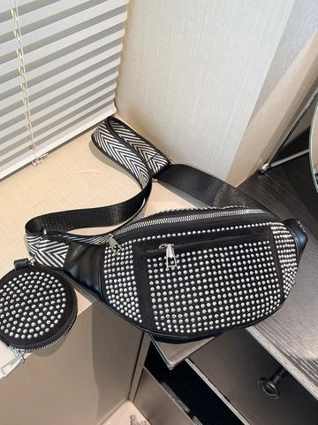 Marsupio da Donna alla Moda con Strass e Custodia Rotonda Tracolla Larga a Spina di Pesce Bianco Nero Borsa a Spalla Giornaliera