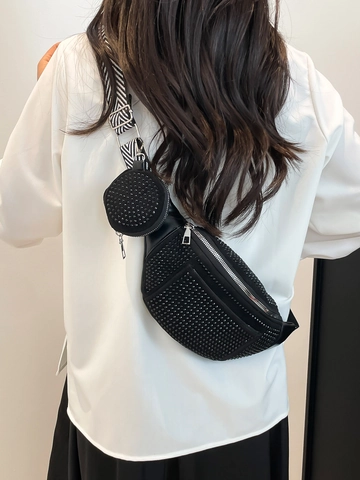 Marsupio da Donna alla Moda con Strass e Custodia Rotonda Tracolla Larga a Spina di Pesce Bianco Nero Borsa a Spalla Giornaliera