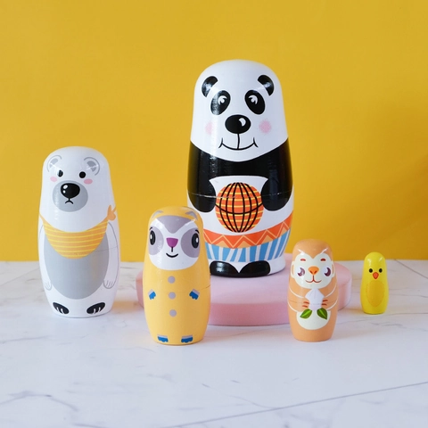 Cartoon Animal Basketball Panda Wooden Matryoshka Dolls 5 Layers Hand Painted Russian Nesting Dolls Toy Desktop Decor Kids Gift