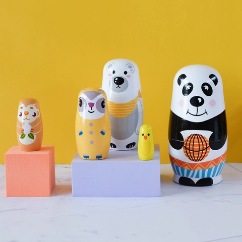 Cartoon Animal Basketball Panda Wooden Matryoshka Dolls 5 Layers Hand Painted Russian Nesting Dolls Toy Desktop Decor Kids Gift