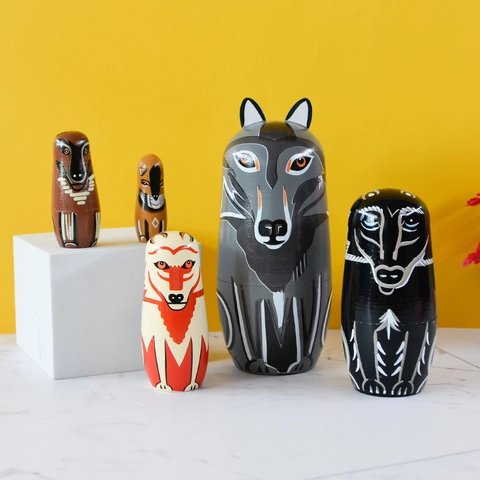 Poupées Russes Matriochka En Bois Faites À La Main Animaux Peints Loup Renard Décoration Maison Cadeau Jouet Éducatif