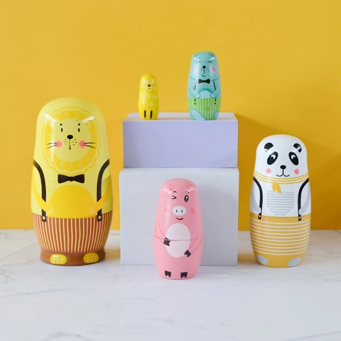 Hand Painted Wood Animal Nesting Dolls Russian Matryoshka Lion Panda Pig Bear Chicken Decorative Table Ornament Gift