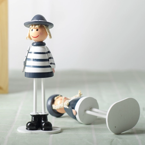 Figurine In Legno Di Marinaio Nautico Dipinte A Mano Bambole Con Gambe Lunghe Arredamento Scrivania Casa Tema Righe Blu Marino