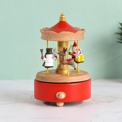 Weihnachts Karussell Spieluhr Holz Rotierend Mechanisch Wind Up Musikbox Desktop Dekoration Festliches Geschenk