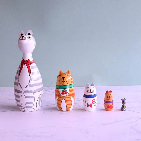 Poupées Russes Matriochka En Bois Peintes À La Hand Thème Chat Souris Décor De Bureau Cadeau Artisanal