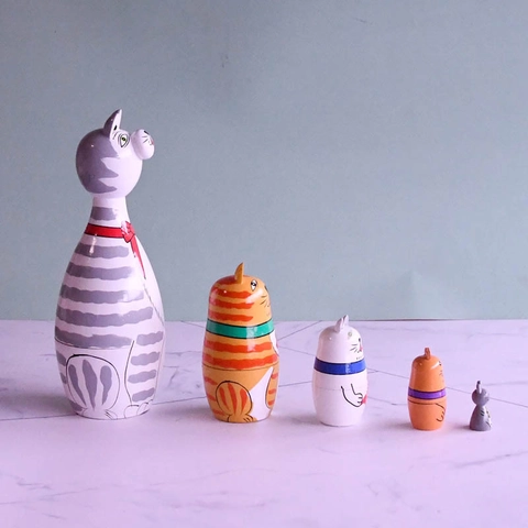 Poupées Russes Matriochka En Bois Peintes À La Hand Thème Chat Souris Décor De Bureau Cadeau Artisanal